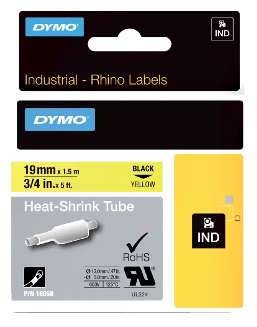 Een Labeltape Dymo Rhino industrieel krimpkous 19mm zwart op geel koop je bij QuickOffice BV