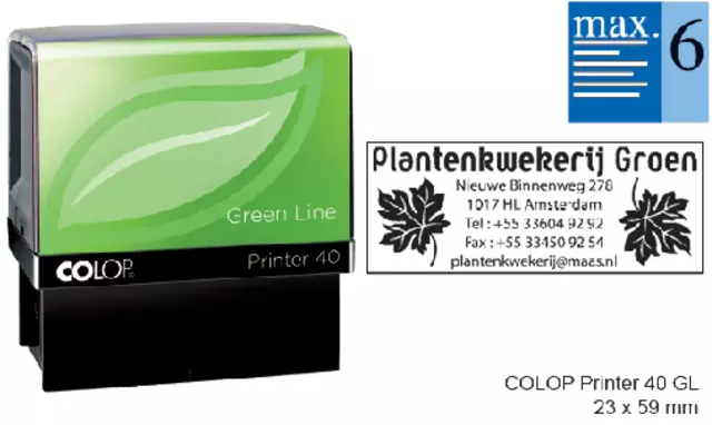 Een Tekststempel Colop 40 green line personaliseerbaar 6regels 59x23mm koop je bij MV Kantoortechniek B.V.