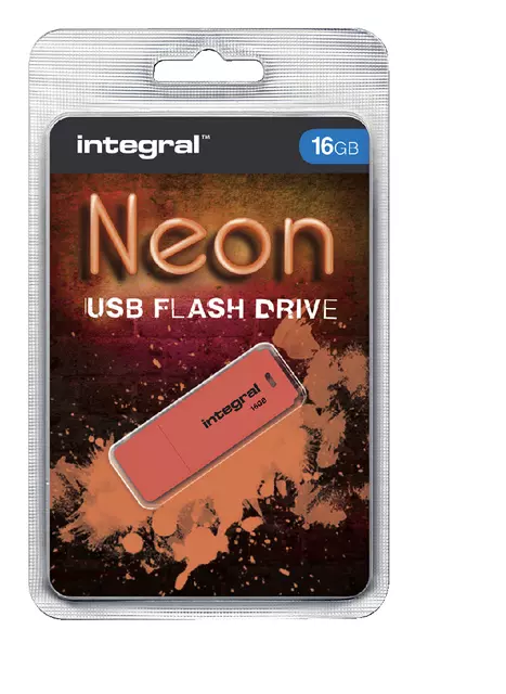 Een USB-stick 2.0 Integral 16Gb neon oranje koop je bij Van Leeuwen Boeken- en kantoorartikelen