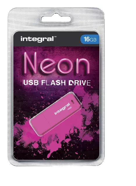 Een USB-stick 2.0 Integral 16Gb neon roze koop je bij Van Hoye Kantoor BV