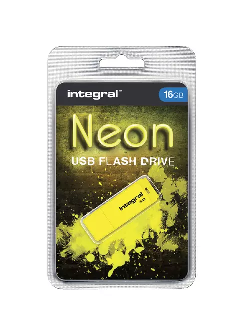 Een USB-stick 2.0 Integral 16Gb neon geel koop je bij Van Leeuwen Boeken- en kantoorartikelen