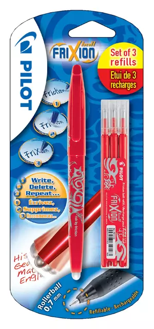 Een Rollerpen PILOT friXion medium rood blister à 1 stuk + 3 vullingen koop je bij Klik Office BV