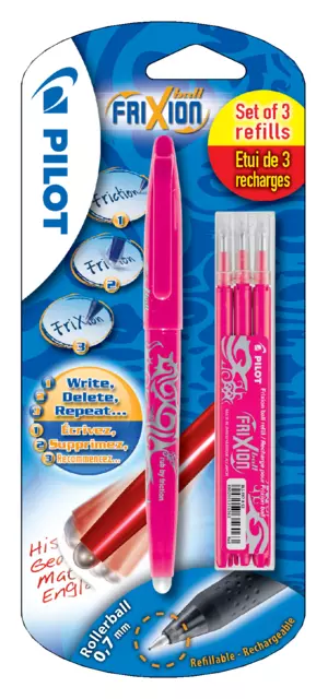 Een Rollerpen PILOT friXion medium roze blister à 1 stuk + 3 vullingen koop je bij QuickOffice BV