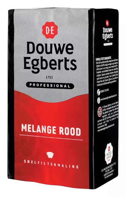 Een Koffie Douwe Egberts snelfiltermaling Melange Rood 500gr koop je bij MV Kantoortechniek B.V.