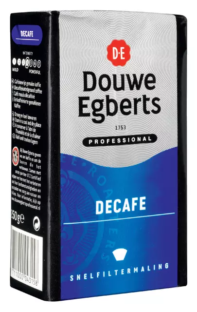 Een Koffie Douwe Egberts snelfiltermaling decafe 250gr koop je bij MV Kantoortechniek B.V.