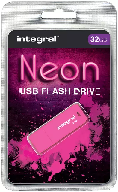 Een USB-stick 2.0 Integral 32GB neon roze koop je bij Van Leeuwen Boeken- en kantoorartikelen