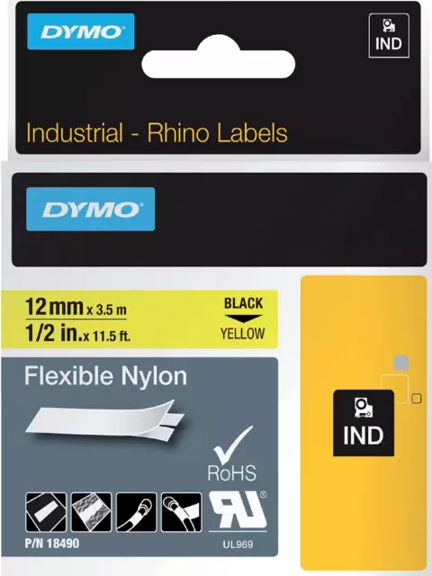 Een Labeltape Dymo Rhino industrieel nylon 12mm zwart op geel koop je bij Van Hoye Kantoor BV