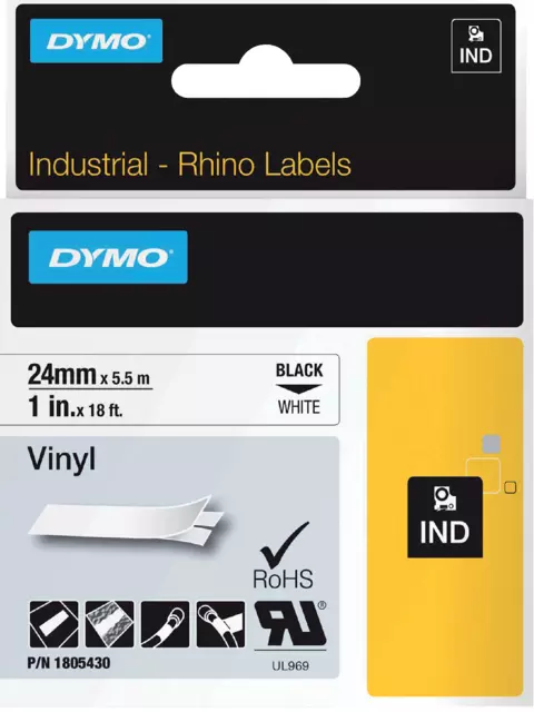 Een Labeltape Dymo Rhino industrieel vinyl 24mm zwart op wit koop je bij NiceSupplies.nl