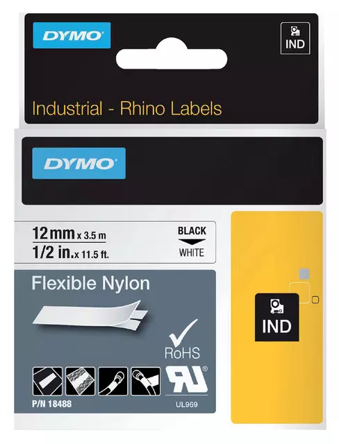 Een Labeltape Dymo Rhino industrieel nylon 12mm zwart op wit koop je bij KantoorProfi België BV