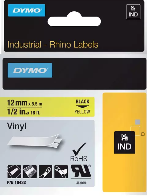 Een Labeltape Dymo Rhino industrieel vinyl 12mm zwart op geel koop je bij KantoorProfi België BV