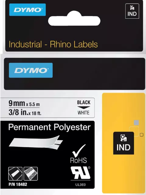 Een Labeltape Dymo Rhino industrieel polyester 9mm zwart op wit koop je bij Van Hoye Kantoor BV