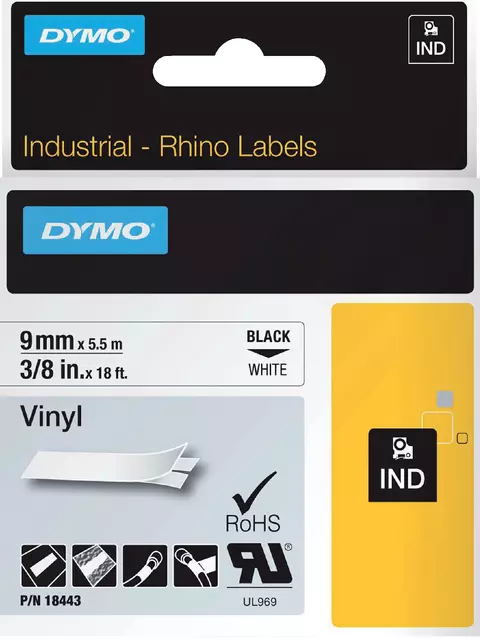 Een Labeltape Dymo Rhino industrieel vinyl 9mm zwart op wit koop je bij KantoorProfi België BV