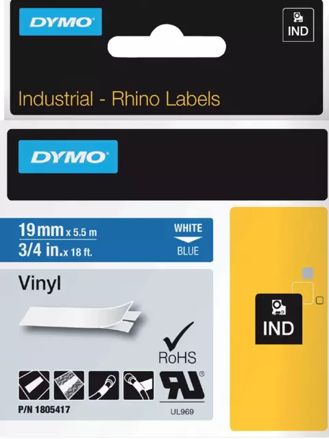 Een Labeltape Dymo Rhino industrieel vinyl 19mm wit op blauw koop je bij Van Hoye Kantoor BV