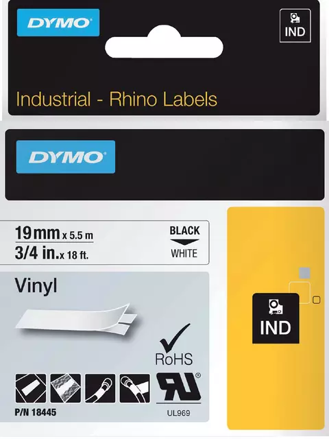 Een Labeltape Dymo Rhino industrieel vinyl 19mm zwart op wit koop je bij KantoorProfi België BV
