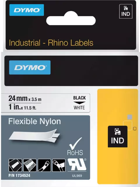 Een Labeltape Dymo Rhino industrieel nylon 24mm zwart op wit koop je bij EconOffice