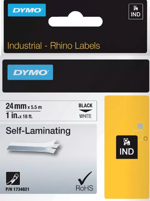 Een Labeltape Dymo Rhino industrieel zelflaminerend 24mm zwart op wit koop je bij Van Hoye Kantoor BV