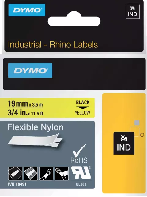 Labeltape Dymo Rhino industrieel nylon 19mm zwart op geel