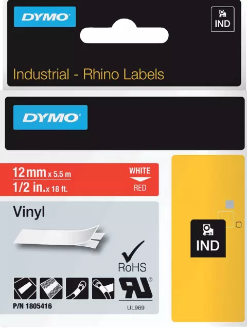 Een Labeltape Dymo Rhino industrieel vinyl 12mm wit op rood koop je bij Ziffo Kantoorcentrum BV