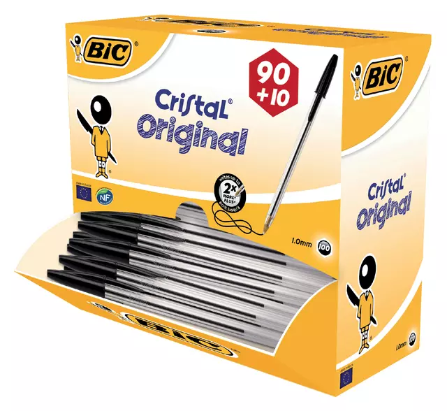 Balpen Bic Cristal medium zwart doos à 90+10 gratis
