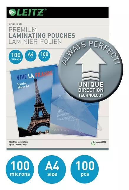 Een Lamineerhoes Leitz iLAM A4 2x100micron 100stuks koop je bij KantoorProfi België BV