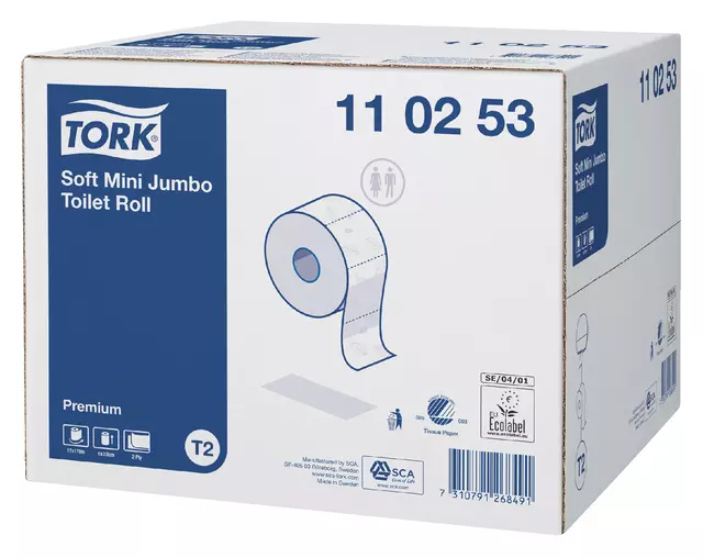 Een Toiletpapier Tork Mini Jumbo T2 premium 2-laags 170mtr wit 110253 koop je bij Van Leeuwen Boeken- en kantoorartikelen