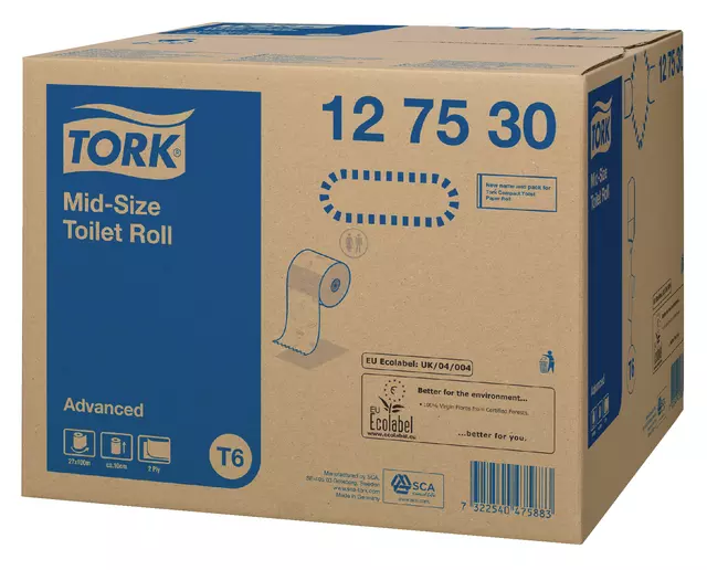 Een Toiletpapier Tork Mid-size T6 premium 2-laags 100m wit 127530 koop je bij Van Hoye Kantoor BV