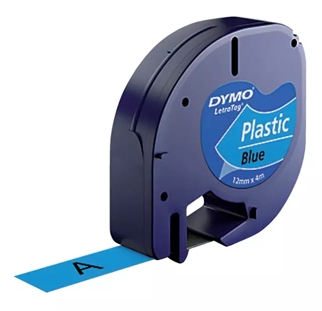 Een Labeltape Dymo LetraTag plastic 12mm zwart op blauw koop je bij EconOffice