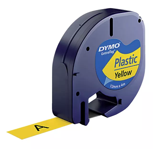Een Labeltape Dymo LetraTag plastic 12mm zwart op geel koop je bij Van Leeuwen Boeken- en kantoorartikelen