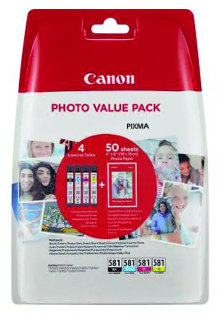 Een Inktcartridge Canon CLI-581 4 kleuren + 50vel fotopap 10x15cm koop je bij Goedkope Kantoorbenodigdheden