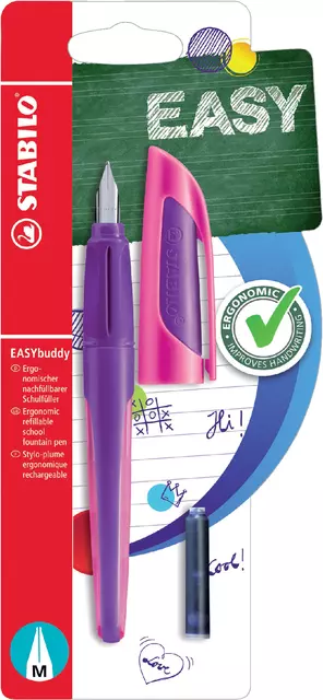 Een Vulpen STABILO Easybuddy rechtshandig medium paars/magenta blister à 1 stuk koop je bij EconOffice