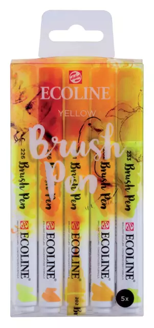 Een Brushpen Talens Ecoline set-geel blister à 5 stuks ass koop je bij Van Leeuwen Boeken- en kantoorartikelen