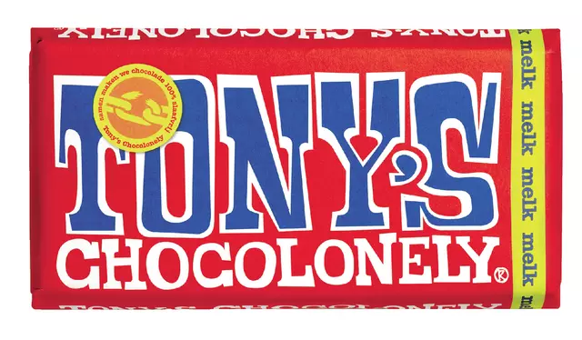 Een Chocolade Tony's Chocolonely melk reep 180gr koop je bij Goedkope Kantoorbenodigdheden