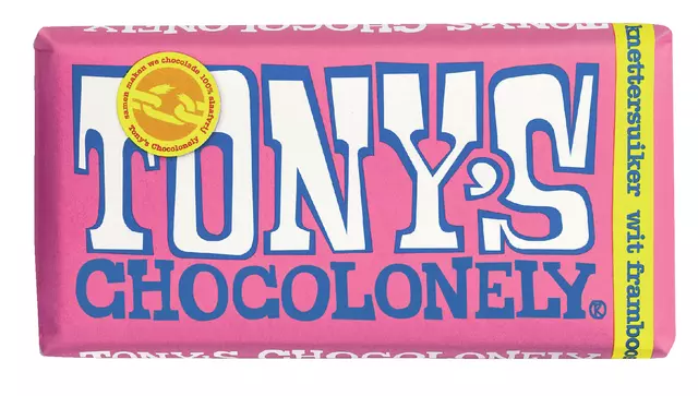 Een Chocolade Tony's Chocolonely wit framboos knettersuiker reep 180gr koop je bij Goedkope Kantoorbenodigdheden