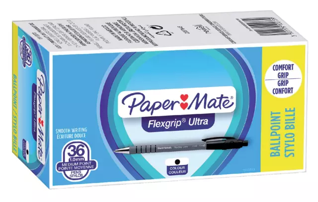 Een Balpen Paper Mate Flexgrip Ultra medium zwart valuepack 30+6 gratis koop je bij Goedkope Kantoorbenodigdheden