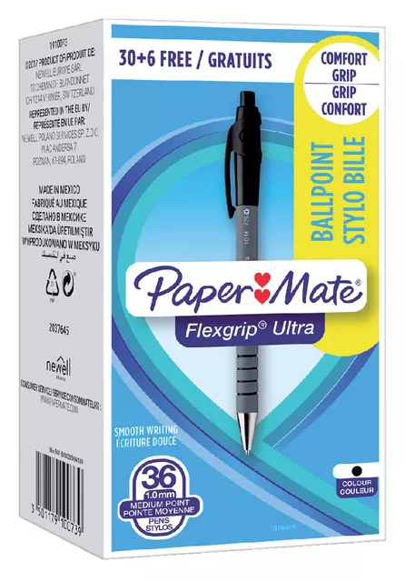 Een Balpen Paper Mate Flexgrip Ultra medium zwart valuepack 30+6 gratis koop je bij Totaal Kantoor Goeree