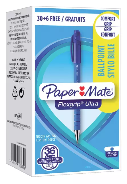 Een Balpen Paper Mate Flexgrip Ultra medium blauw valuepack 30+6 gratis koop je bij Totaal Kantoor Goeree