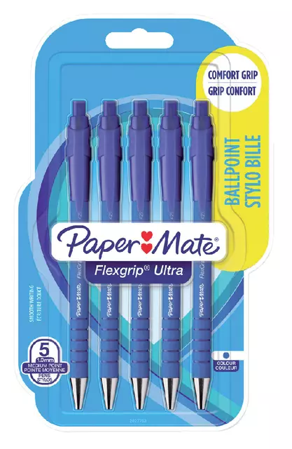 Een Balpen Paper Mate Flexgrip Ultra medium blauw blister à 5 stuks koop je bij Totaal Kantoor Goeree