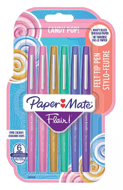 Een Fineliner Paper Mate Flair Candy Pop! medium assorti blister à 6 stuks koop je bij Totaal Kantoor Goeree