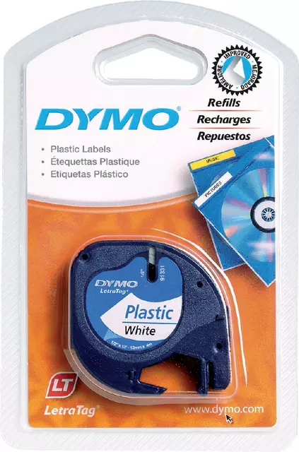 Een Labeltape Dymo LetraTag plastic 12mm zwart op wit koop je bij Kantoorvakhandel van der Heijde