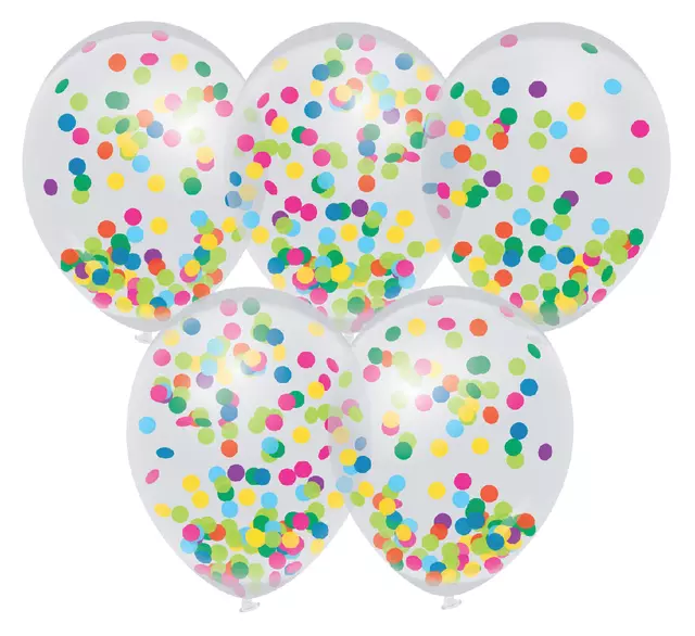 Een Confetti ballonnen 5 stuks koop je bij Van Leeuwen Boeken- en kantoorartikelen