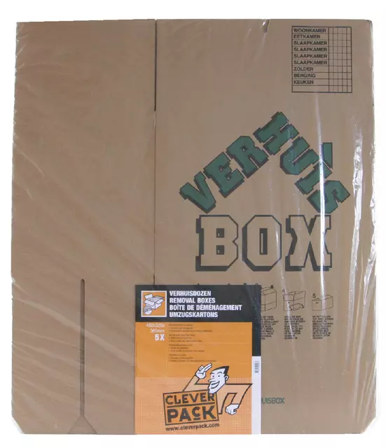 Een Verhuisdoos CleverPack bedrukt 480x320x360mm pak à 5 stuks koop je bij Van Leeuwen Boeken- en kantoorartikelen