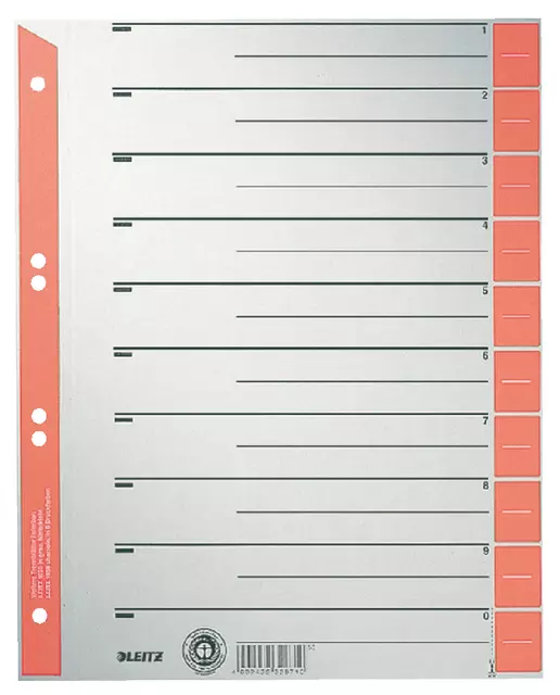 Een Scheidingsbladen Leitz A4 karton 230gr 6-gaats rood koop je bij Goedkope Kantoorbenodigdheden
