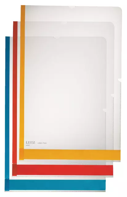 Een L-map Leitz premium A4 0.15mm PP gekleurde rand transparant koop je bij Van Leeuwen Boeken- en kantoorartikelen