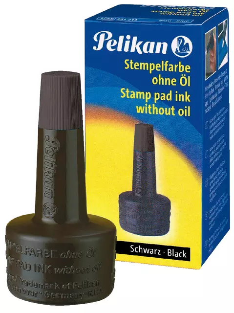 Een Stempelinkt Pelikan flacon 28ml zwart koop je bij Van Leeuwen Boeken- en kantoorartikelen