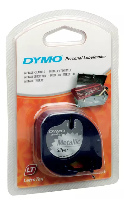Een Labeltape Dymo LetraTag metallic 12mm zwart op zilver koop je bij Van Leeuwen Boeken- en kantoorartikelen