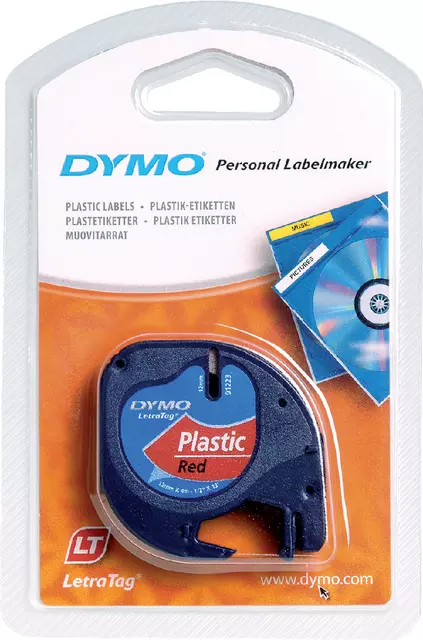 Een Labeltape Dymo LetraTag plastic 12mm zwart op rood koop je bij EconOffice
