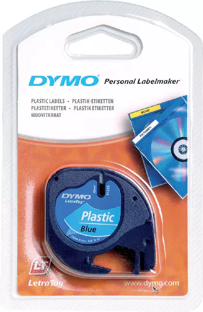 Een Labeltape Dymo LetraTag plastic 12mm zwart op blauw koop je bij Van Leeuwen Boeken- en kantoorartikelen