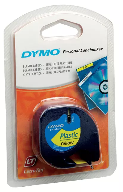 Een Labeltape Dymo LetraTag plastic 12mm zwart op geel koop je bij Van Leeuwen Boeken- en kantoorartikelen
