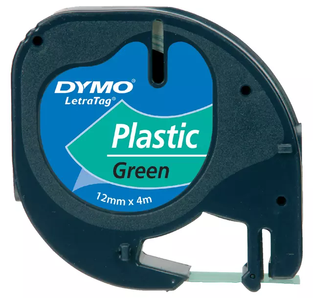 Een Labeltape Dymo LetraTag plastic 12mm zwart op groen koop je bij KantoorProfi België BV
