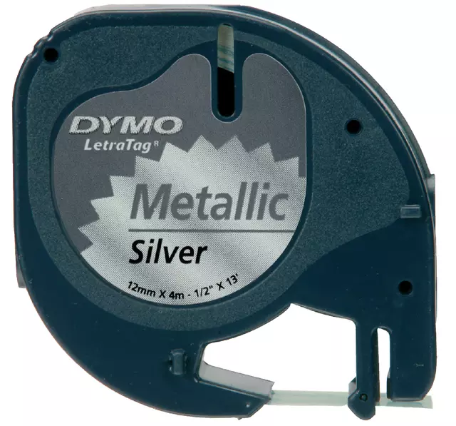 Een Labeltape Dymo LetraTag metallic 12mm zwart op zilver koop je bij Van Leeuwen Boeken- en kantoorartikelen